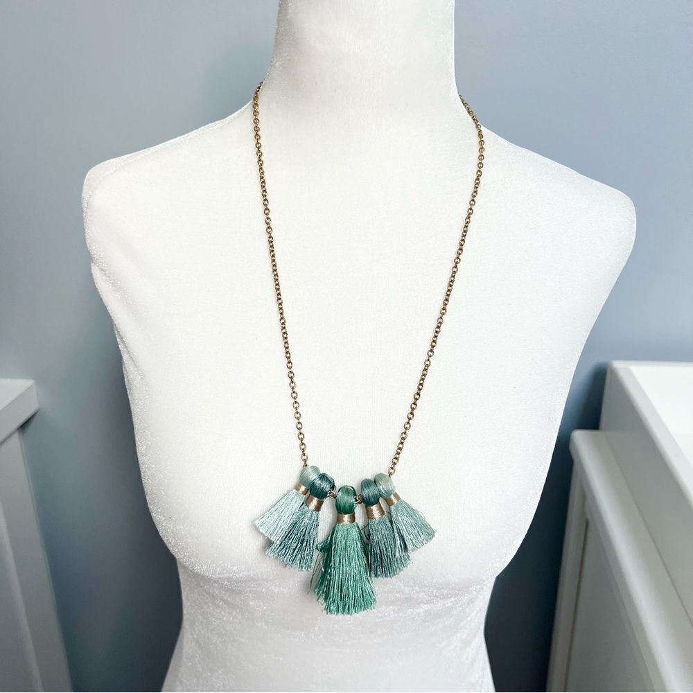 Miss Ivy Pearl Green Fringe Tassel Necklace on a Long Gold Tone Chain